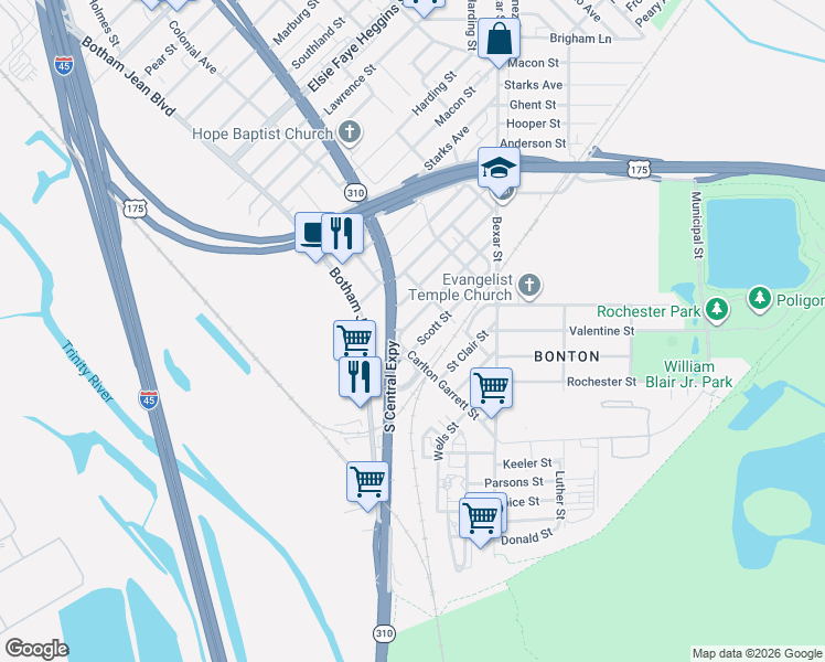 map of restaurants, bars, coffee shops, grocery stores, and more near 2329 Scott Street in Dallas