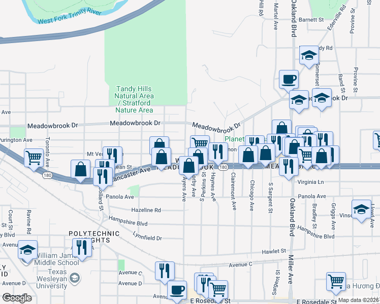 map of restaurants, bars, coffee shops, grocery stores, and more near 3704 Mount Vernon Avenue in Fort Worth