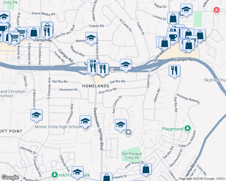 map of restaurants, bars, coffee shops, grocery stores, and more near 10341 Don Pico Road in Spring Valley