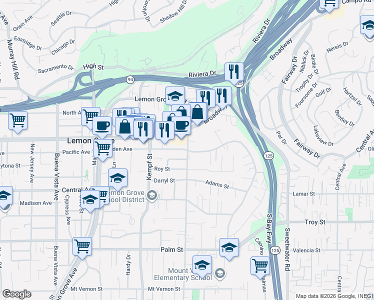 map of restaurants, bars, coffee shops, grocery stores, and more near 8194 Golden Avenue in Lemon Grove