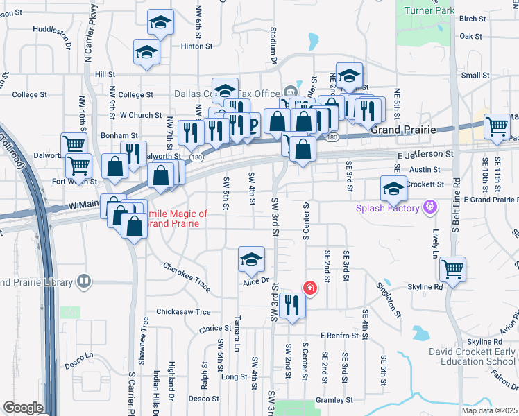 map of restaurants, bars, coffee shops, grocery stores, and more near 324 Southwest 4th Street in Grand Prairie