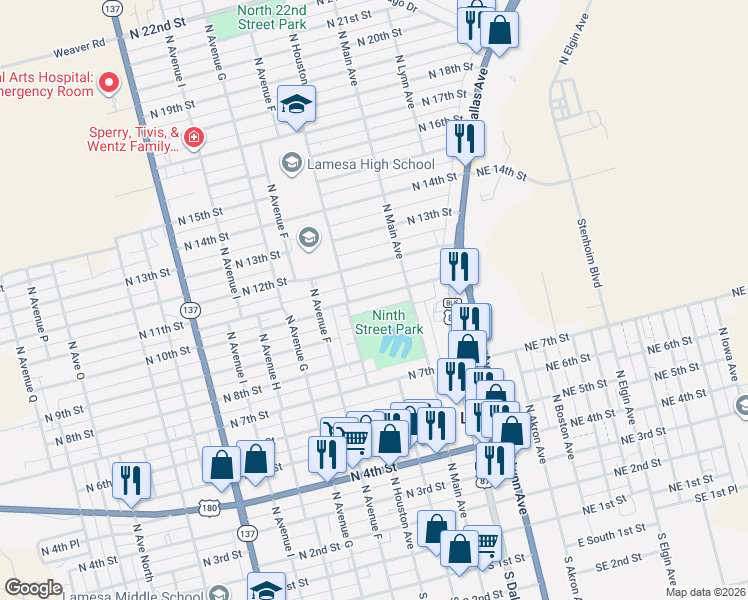 map of restaurants, bars, coffee shops, grocery stores, and more near 508-598 North 10th Street in Lamesa
