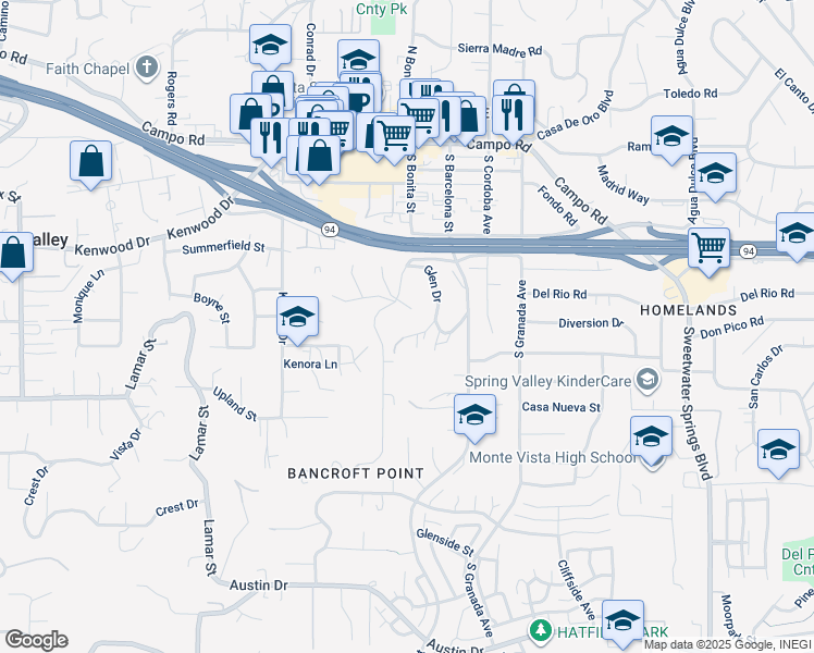 map of restaurants, bars, coffee shops, grocery stores, and more near 3408 Glen Dr in Spring Valley