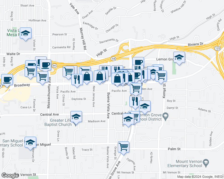 map of restaurants, bars, coffee shops, grocery stores, and more near 7610 Pacific Avenue in Lemon Grove