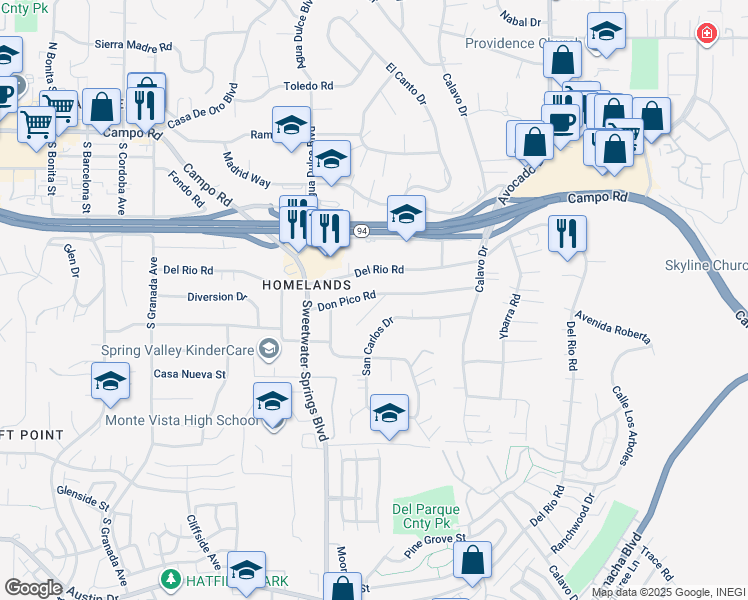 map of restaurants, bars, coffee shops, grocery stores, and more near 10351 Don Pico Road in Spring Valley