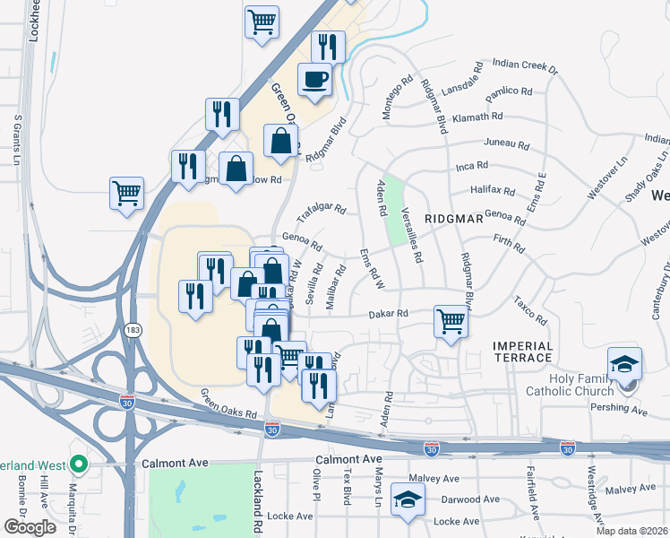 map of restaurants, bars, coffee shops, grocery stores, and more near 1704 Malibar Road in Fort Worth