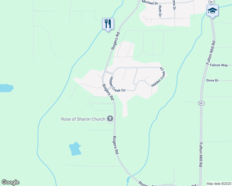 map of restaurants, bars, coffee shops, grocery stores, and more near 265 Hidden Creek Circle in Lizella