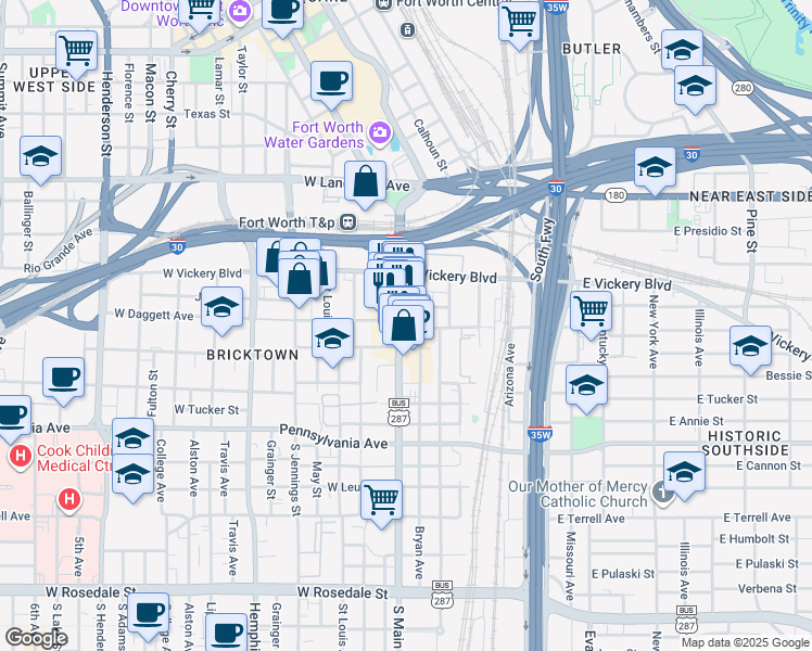 map of restaurants, bars, coffee shops, grocery stores, and more near 200 South Main Street in Fort Worth
