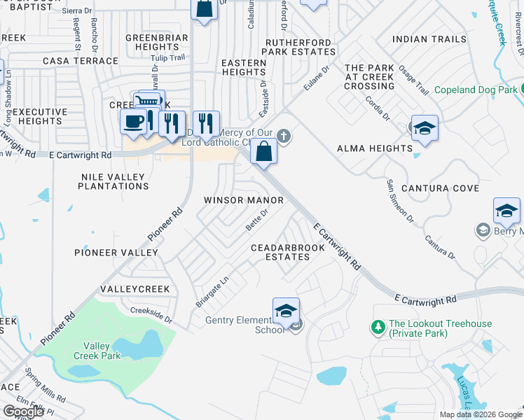 map of restaurants, bars, coffee shops, grocery stores, and more near 1604 Bette Drive in Mesquite