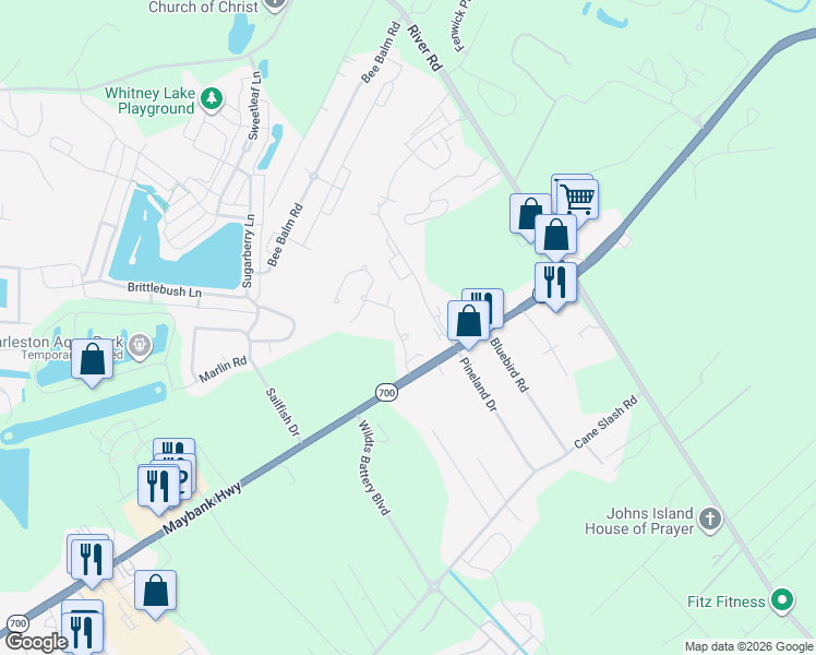 map of restaurants, bars, coffee shops, grocery stores, and more near 1776 Hickory Knoll Way in Johns Island