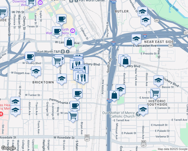 map of restaurants, bars, coffee shops, grocery stores, and more near 321 East Broadway Avenue in Fort Worth