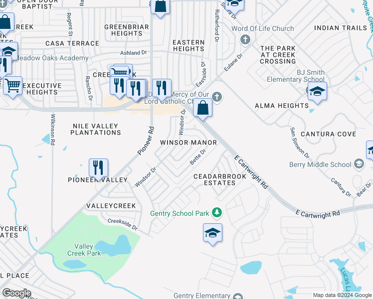 map of restaurants, bars, coffee shops, grocery stores, and more near 1424 Monica Lane in Mesquite