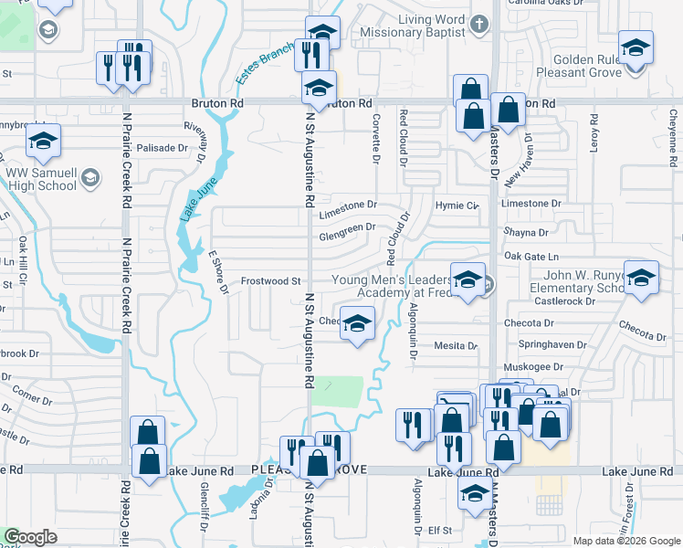 map of restaurants, bars, coffee shops, grocery stores, and more near 9635 Oak Gate Lane in Dallas
