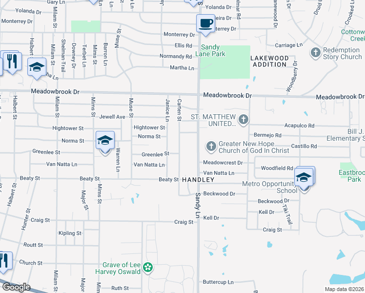 map of restaurants, bars, coffee shops, grocery stores, and more near 2617 Carten Street in Fort Worth