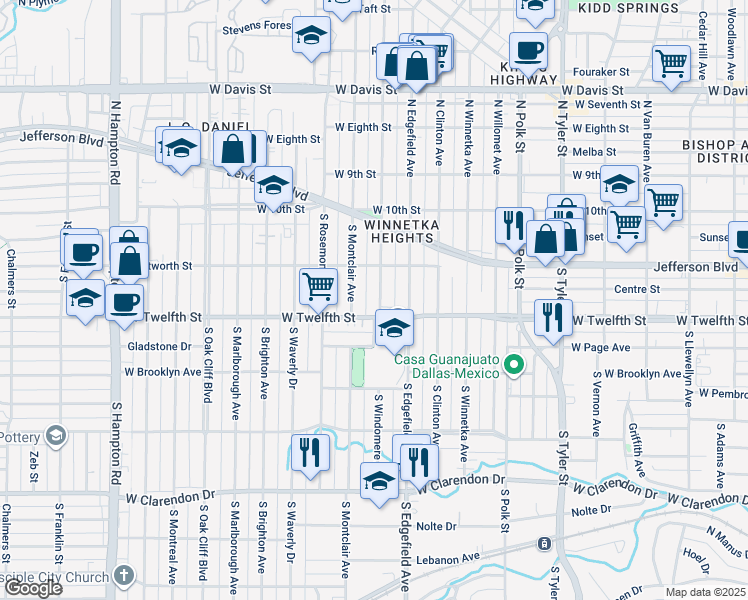 map of restaurants, bars, coffee shops, grocery stores, and more near 335 South Windomere Avenue in Dallas