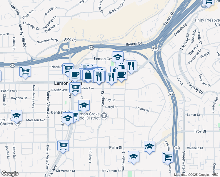 map of restaurants, bars, coffee shops, grocery stores, and more near 8064 Golden Avenue in Lemon Grove
