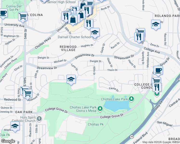 map of restaurants, bars, coffee shops, grocery stores, and more near 5951 Thorn Street in San Diego