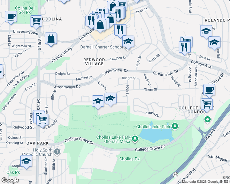 map of restaurants, bars, coffee shops, grocery stores, and more near 5904 Thorn Street in San Diego