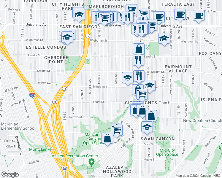 map of restaurants, bars, coffee shops, grocery stores, and more near 4175 Myrtle Avenue in San Diego