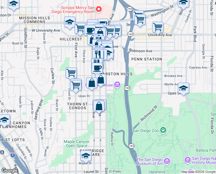 map of restaurants, bars, coffee shops, grocery stores, and more near in San Diego