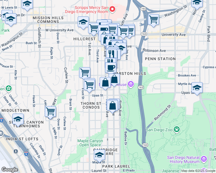map of restaurants, bars, coffee shops, grocery stores, and more near 3534 Fifth Avenue in San Diego