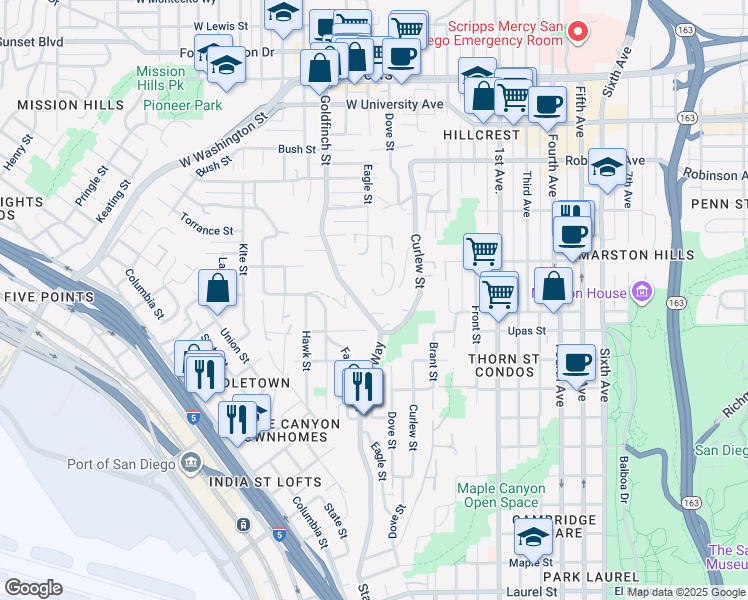 map of restaurants, bars, coffee shops, grocery stores, and more near 3493 Reynard Way in San Diego