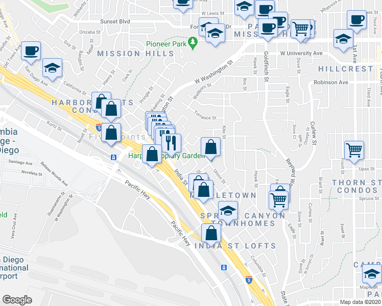 map of restaurants, bars, coffee shops, grocery stores, and more near 1504 Glenwood Drive in San Diego