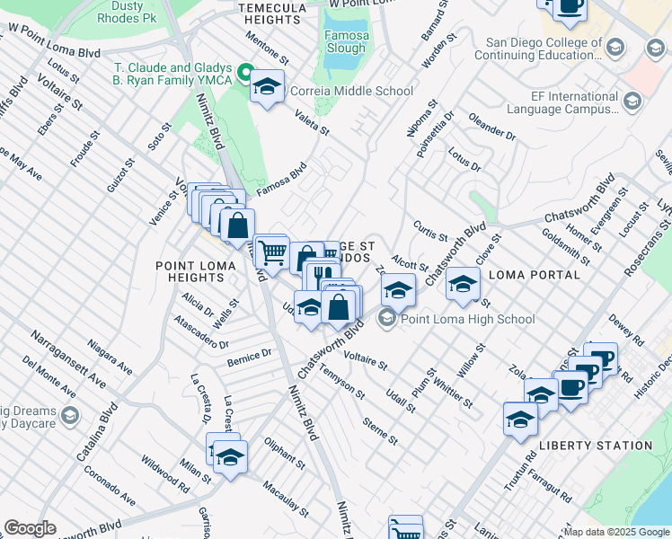 map of restaurants, bars, coffee shops, grocery stores, and more near 2331 Palermo Drive in San Diego