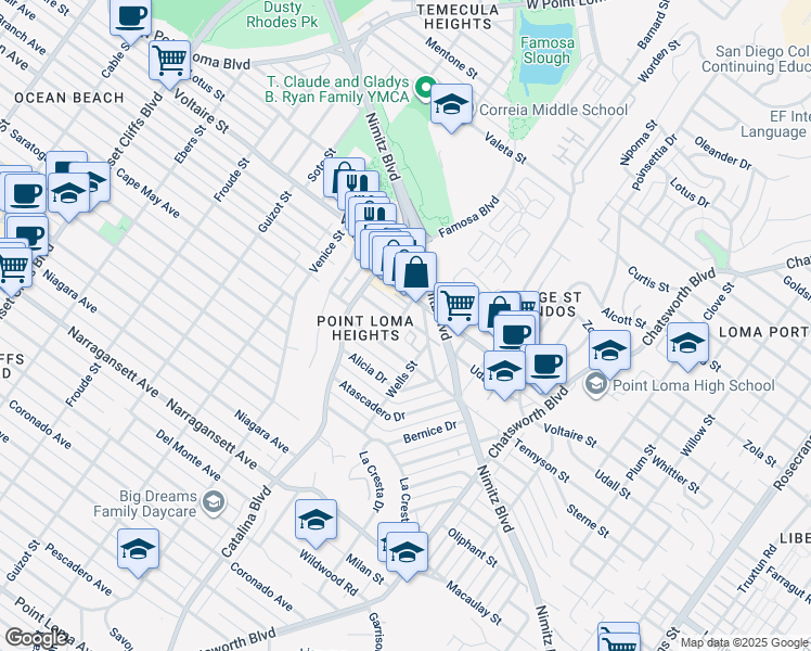 map of restaurants, bars, coffee shops, grocery stores, and more near 2151 San Clemente Street in San Diego