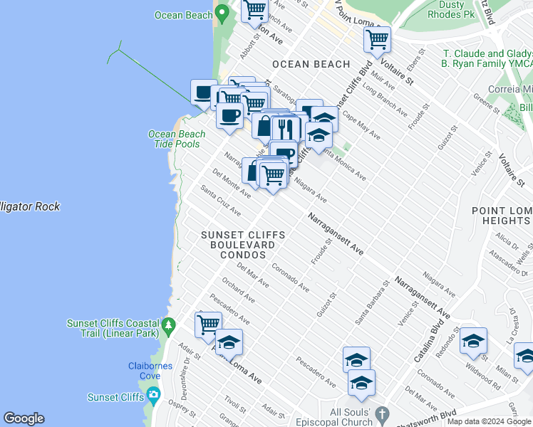 map of restaurants, bars, coffee shops, grocery stores, and more near 4760 Del Monte Avenue in San Diego