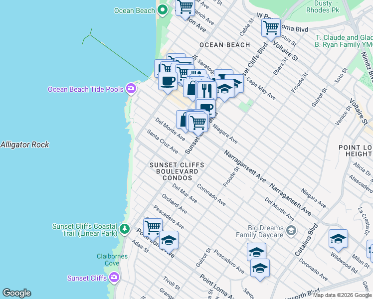 map of restaurants, bars, coffee shops, grocery stores, and more near 4817 Del Monte Avenue in San Diego