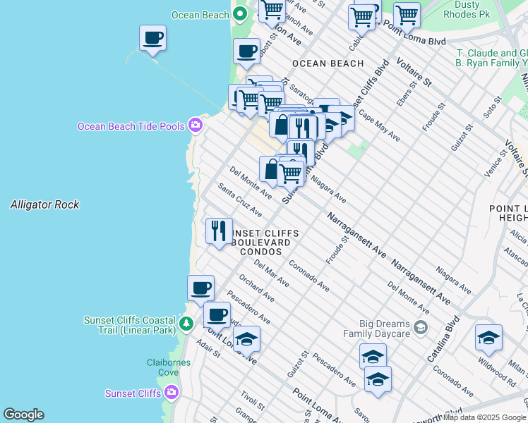 map of restaurants, bars, coffee shops, grocery stores, and more near 4817 Del Monte Avenue in San Diego