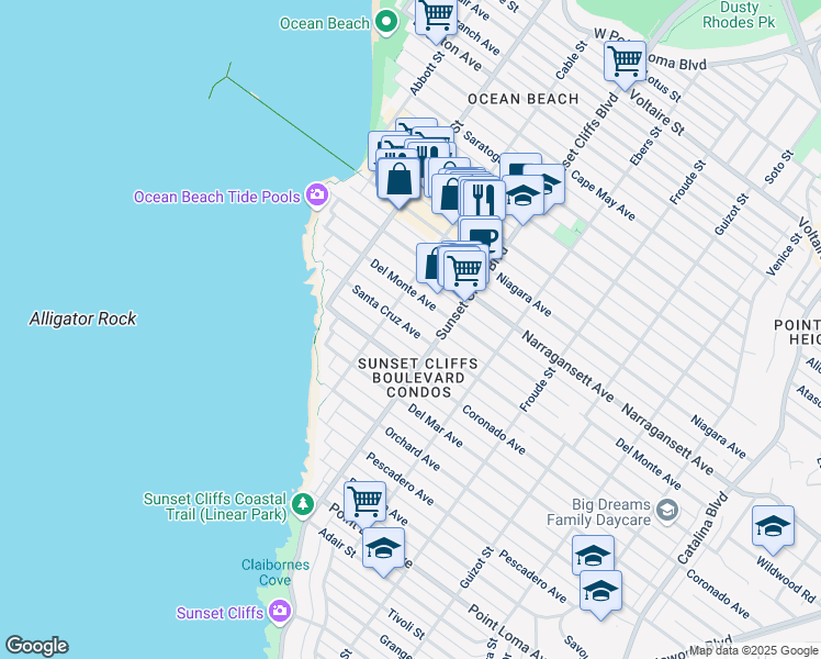 map of restaurants, bars, coffee shops, grocery stores, and more near 4877 Santa Cruz Avenue in San Diego