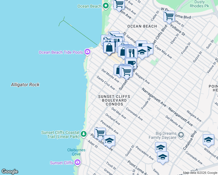 map of restaurants, bars, coffee shops, grocery stores, and more near 4877 Santa Cruz Avenue in San Diego