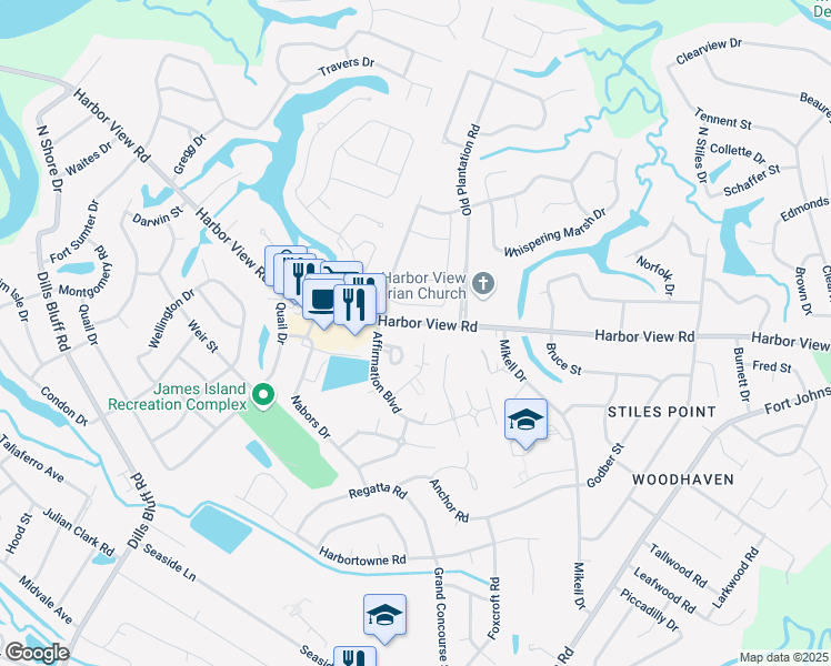map of restaurants, bars, coffee shops, grocery stores, and more near 969 Harbor View Road in Charleston