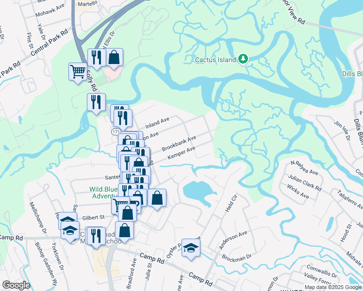 map of restaurants, bars, coffee shops, grocery stores, and more near 1526 Brookbank Avenue in Charleston