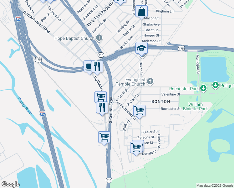 map of restaurants, bars, coffee shops, grocery stores, and more near 2329 Scott Street in Dallas