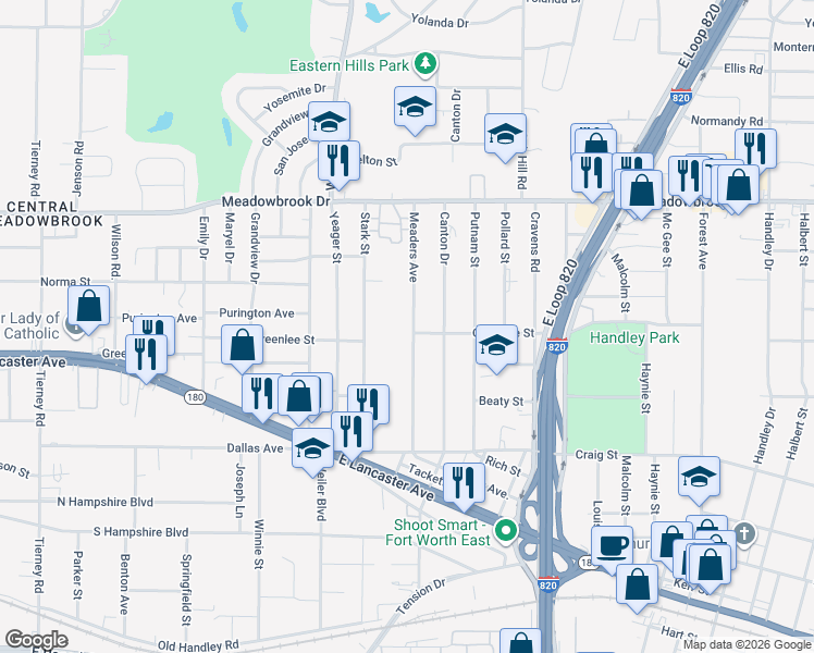 map of restaurants, bars, coffee shops, grocery stores, and more near 2625 Meaders Avenue in Fort Worth
