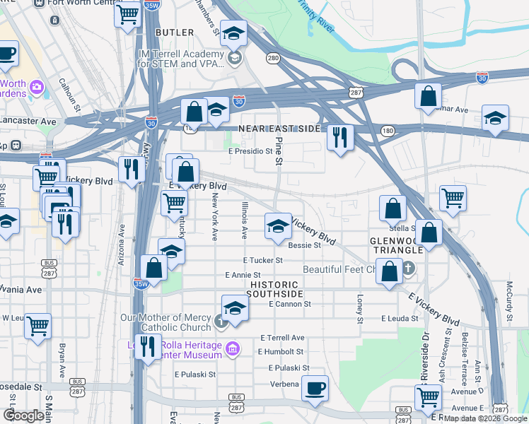 map of restaurants, bars, coffee shops, grocery stores, and more near 1131 East Broadway Avenue in Fort Worth