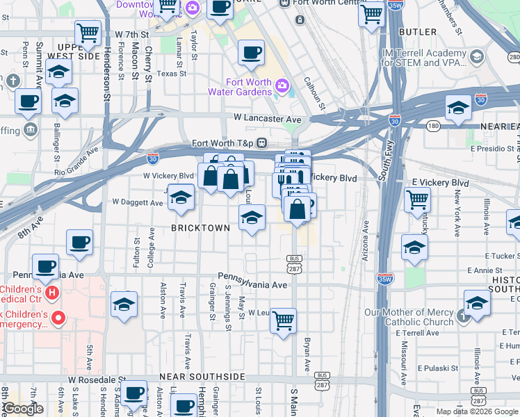 map of restaurants, bars, coffee shops, grocery stores, and more near 305 West Daggett Avenue in Fort Worth