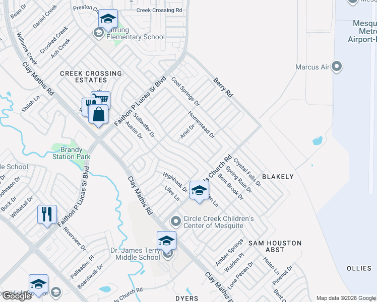 map of restaurants, bars, coffee shops, grocery stores, and more near 2309 Bent Brook Drive in Mesquite