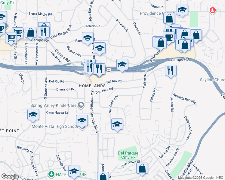 map of restaurants, bars, coffee shops, grocery stores, and more near 10351 Don Pico Road in Spring Valley