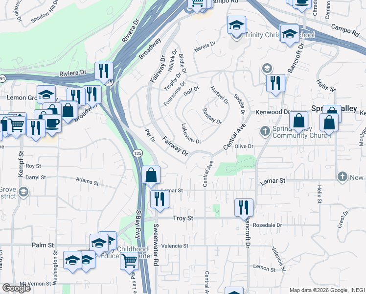 map of restaurants, bars, coffee shops, grocery stores, and more near 3245 Fairway Drive in La Mesa