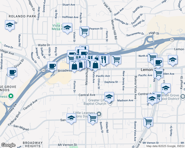 map of restaurants, bars, coffee shops, grocery stores, and more near 3320 Vista Avenue in Lemon Grove