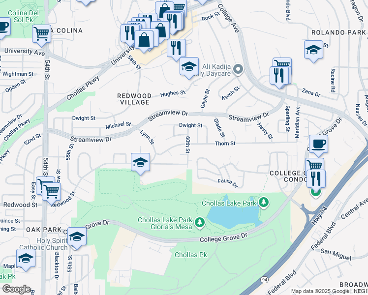 map of restaurants, bars, coffee shops, grocery stores, and more near 5951 Thorn Street in San Diego