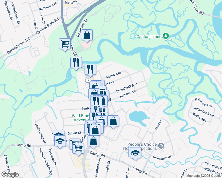 map of restaurants, bars, coffee shops, grocery stores, and more near 1552 Brookbank Avenue in Charleston
