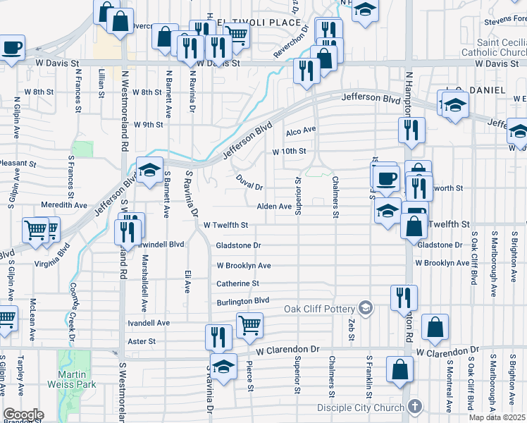 map of restaurants, bars, coffee shops, grocery stores, and more near 2800 Alden Avenue in Dallas