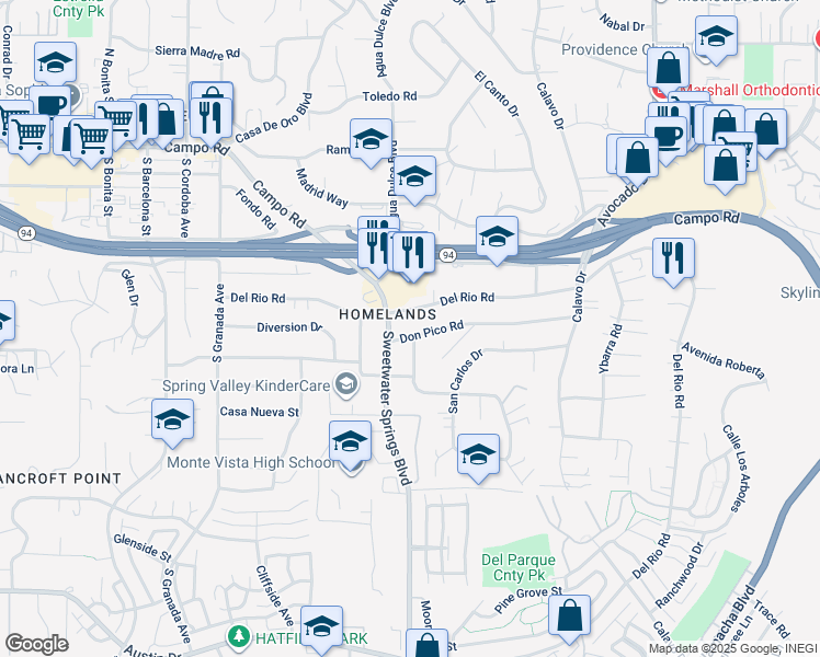 map of restaurants, bars, coffee shops, grocery stores, and more near 10226 Don Pico Road in Spring Valley