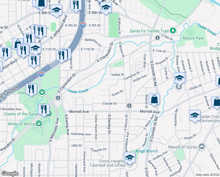 map of restaurants, bars, coffee shops, grocery stores, and more near 632 South Denley Drive in Dallas