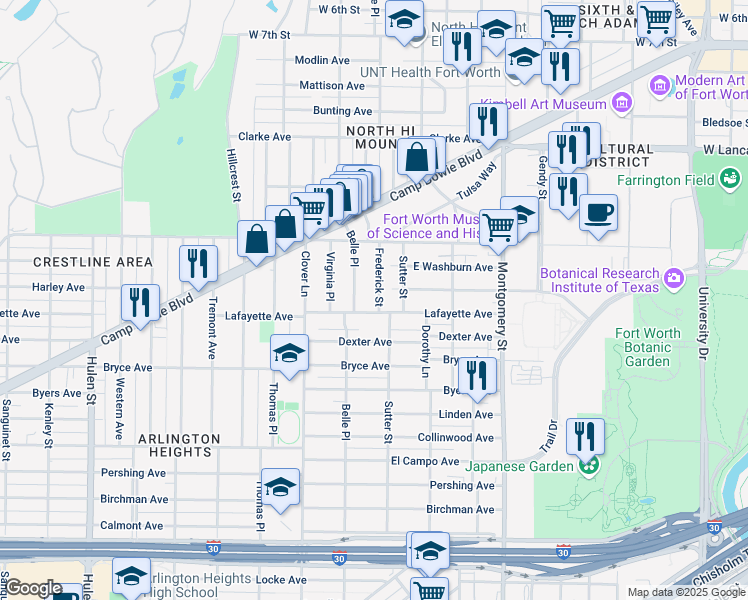 map of restaurants, bars, coffee shops, grocery stores, and more near 1812 Frederick Street in Fort Worth